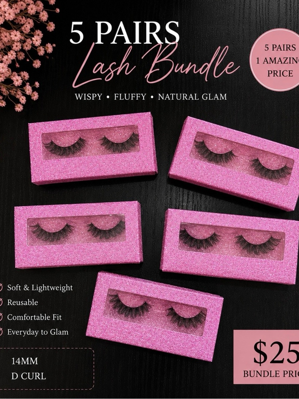Pink 5-Pair Lash Bundle - Wispy Fluffy Natural Glam